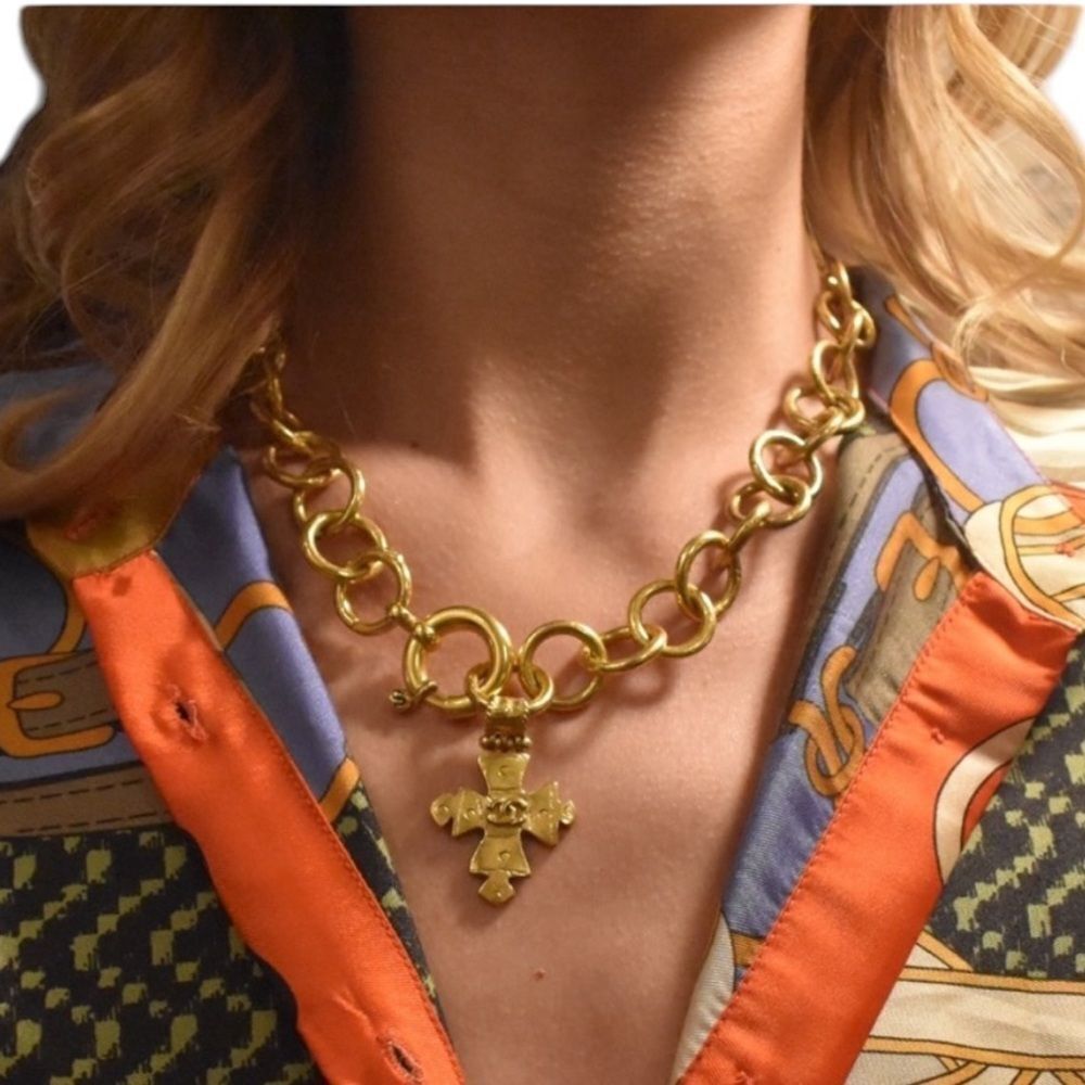 Chanel Gold Plated Link CC-Logo Cross Pendant Necklace, Authentic